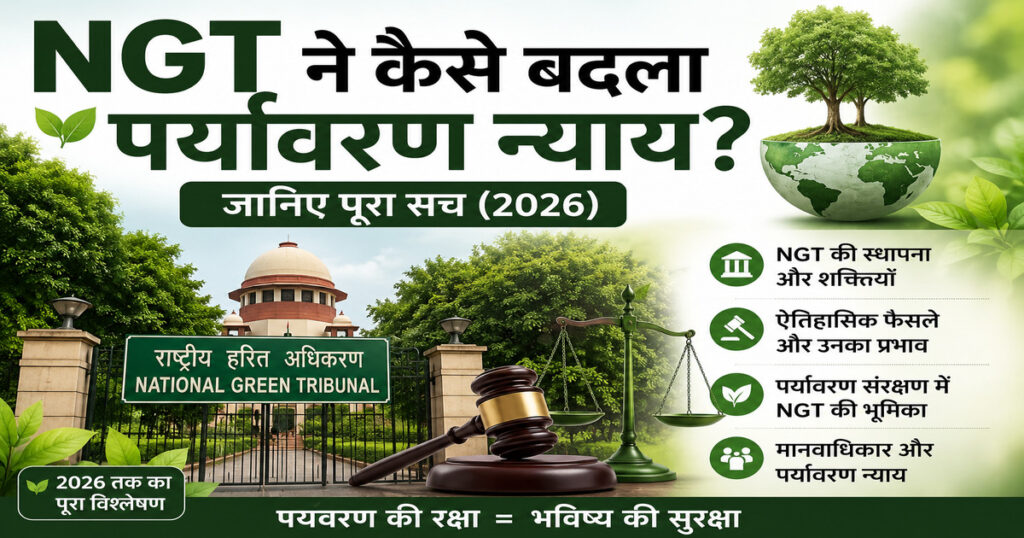 NGT ने भारत में पर्यावरण न्याय को कैसे बदला, दर्शाता हुआ पर्यावरण और न्याय आधारित इन्फोग्राफिक।