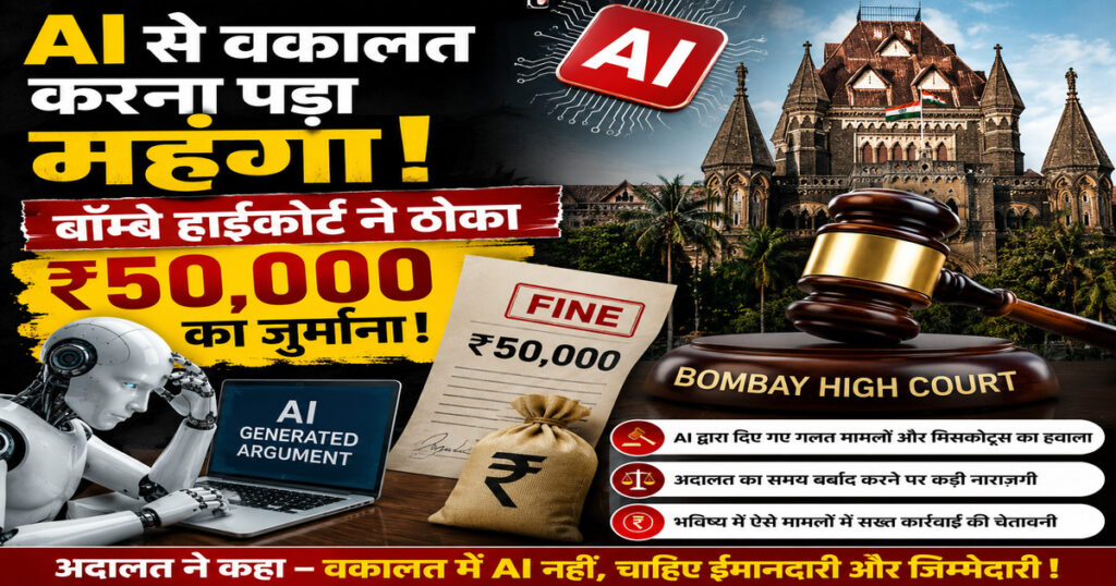 AI से वकालत पर Bombay High Court द्वारा ₹50,000 जुर्माना दर्शाता हुआ कानूनी इन्फोग्राफिक।