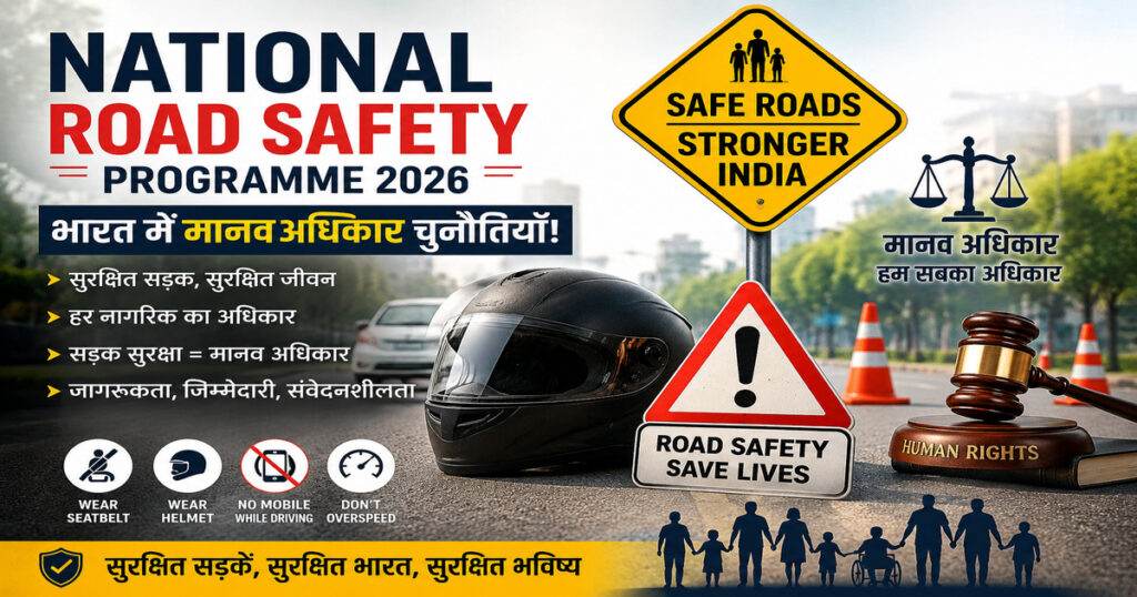 National Road Safety Programme 2026 पर आधारित आकर्षक हिंदी इन्फोग्राफिक, जिसमें सड़क सुरक्षा संकेत, हेलमेट, न्याय का हथौड़ा, मानव अधिकार का प्रतीक, ट्रैफिक चेतावनी बोर्ड और सुरक्षित भारत का संदेश दर्शाया गया है।