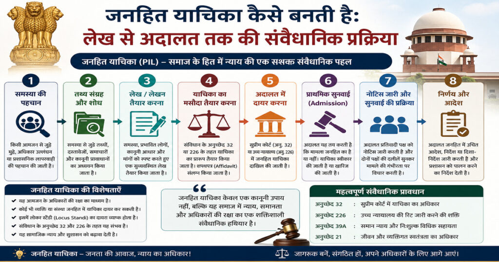 PIL की संवैधानिक प्रक्रिया दर्शाता हुआ हिंदी इन्फोग्राफिक, जिसमें लेख से अदालत तक की पूरी कानूनी प्रक्रिया, सुप्रीम कोर्ट भवन, संविधान, न्याय का प्रतीक और PIL दाखिल करने के चरण दिखाए गए हैं।