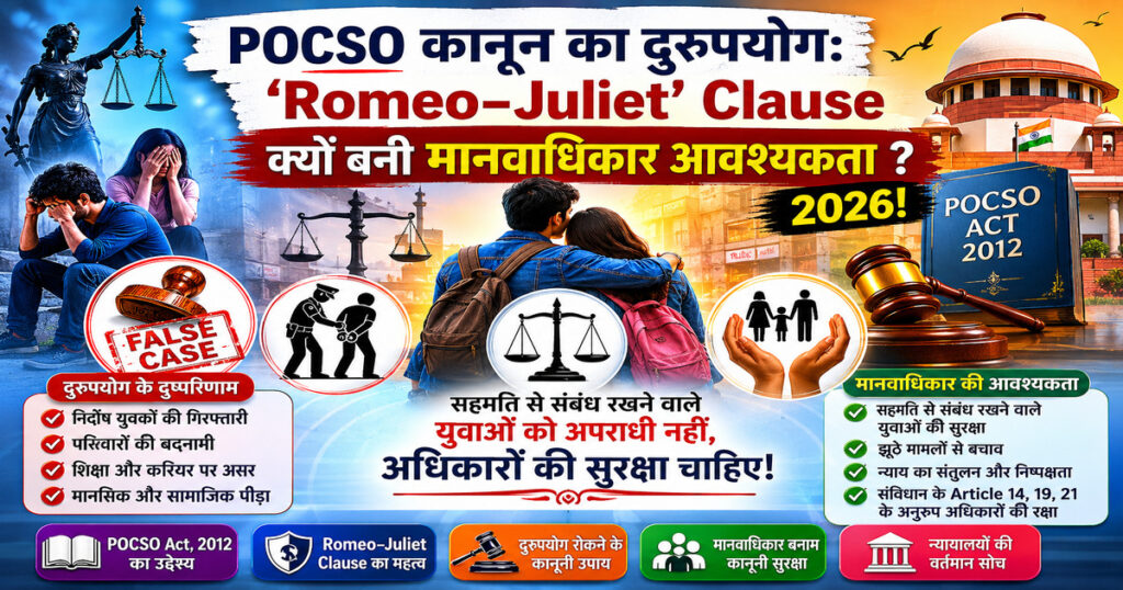 POCSO कानून के दुरुपयोग और ‘Romeo–Juliet Clause’ पर आधारित हिंदी कानूनी इन्फोग्राफिक, जिसमें सुप्रीम कोर्ट, युवा जोड़ा, न्याय का हथौड़ा, POCSO Act 2012 की पुस्तक और मानवाधिकार से जुड़े कानूनी बिंदु दर्शाए गए हैं।