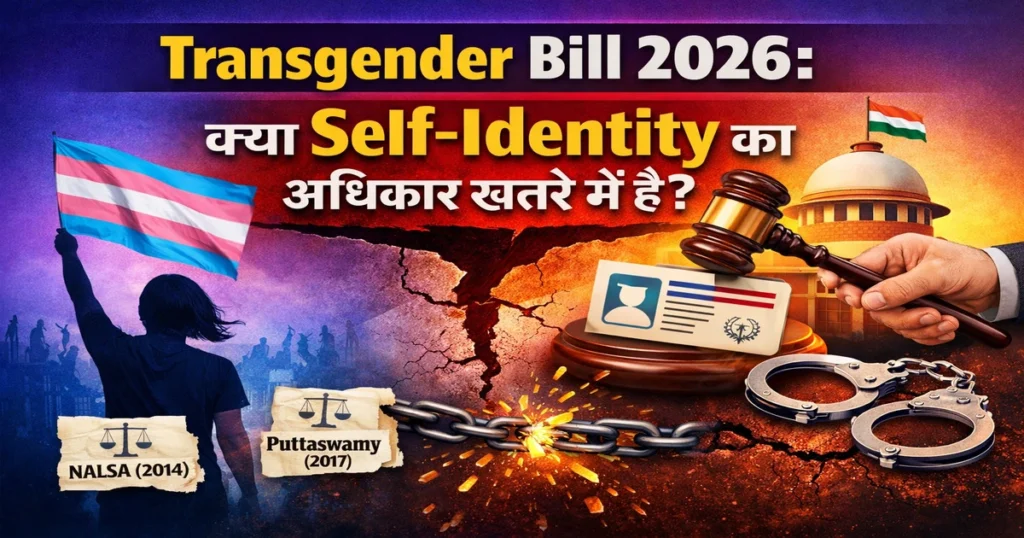 Transgender Bill 2026 पर आधारित थंबनेल, जिसमें ‘क्या Self-Identity का अधिकार खतरे में है?’ लिखा है। बाईं ओर एक व्यक्ति ट्रांसजेंडर प्राइड फ्लैग लहराते हुए दिख रहा है, पीछे भीड़ का दृश्य है। बीच में टूटी हुई ज़मीन और जंजीर का टूटना संघर्ष को दर्शाता है। दाईं ओर सुप्रीम कोर्ट की इमारत, जज का हथौड़ा (gavel), पहचान पत्र और हथकड़ी दिखाई दे रही है। नीचे NALSA (2014) और Puttaswamy (2017) केस का उल्लेख है, जो कानूनी अधिकारों की बहस को दर्शाते हैं।”