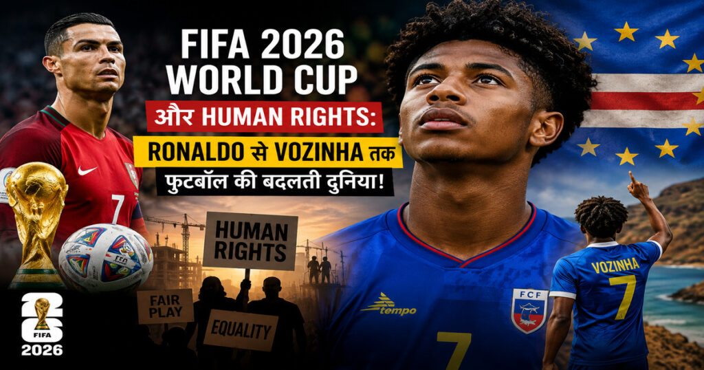 FIFA 2026 World Cup and Human Rights: Ronaldo से Vozinha तक फुटबॉल की बदलती दुनिया, मानवाधिकार, समानता और खेल न्याय पर आधारित चित्र।