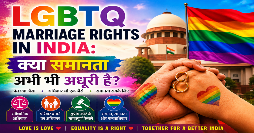 LGBTQ Marriage Rights in India विषय पर रंगीन चित्र, जिसमें इंद्रधनुषी (Rainbow) ध्वज, सुप्रीम कोर्ट की पृष्ठभूमि, विवाह की अंगूठियाँ और हाथ थामे LGBTQ Couples दिखाए गए हैं। चित्र भारत में LGBTQ समुदाय के विवाह, समानता, परिवार बनाने के अधिकार और मानवाधिकारों की बहस को दर्शाता है।