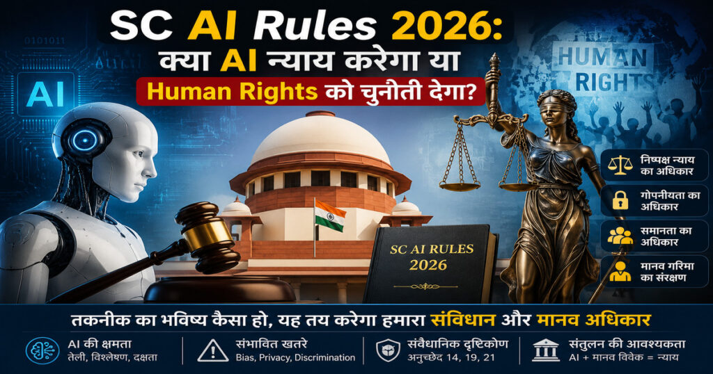 Supreme Court AI Rules 2026: क्या AI न्याय करेगा या Human Rights को चुनौती देगा? विषय पर आधारित इन्फोग्राफिक, जिसमें भारत के सर्वोच्च न्यायालय की इमारत, AI रोबोट, न्याय की देवी (Lady Justice), न्याय का हथौड़ा तथा Human Rights, Privacy, Equality और Fair Trial से जुड़े प्रतीक दर्शाए गए हैं। यह चित्र Artificial Intelligence, न्यायपालिका और मानव अधिकारों के बीच संतुलन की आवश्यकता को दर्शाता है।